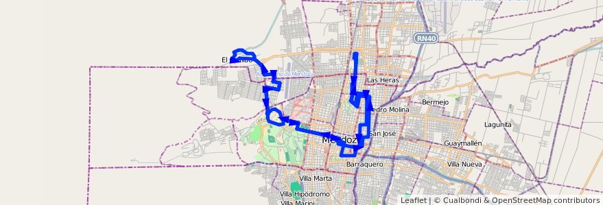 Mapa del recorrido 114-115 - B° Sanidad - El Challao por Centro - San Isidro de la línea G03 en Mendoza.