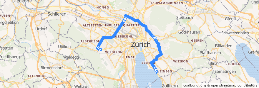 Mapa del recorrido Bus 33: Zürich, Bahnhof Tiefenbrunnen → Triemli de la línea  en Zurich.