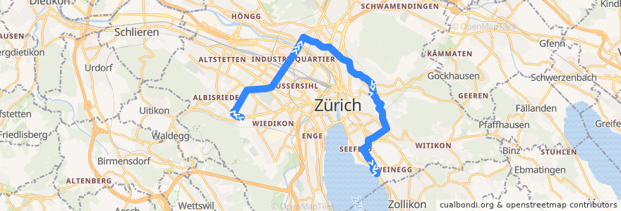 Mapa del recorrido Bus 33: Zürich, Triemli → Bahnhof Tiefenbrunnen de la línea  en Цюрих.