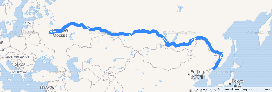 Mapa del recorrido Поезд № 100Щ: Москва — Пхеньян de la línea  en Россия.