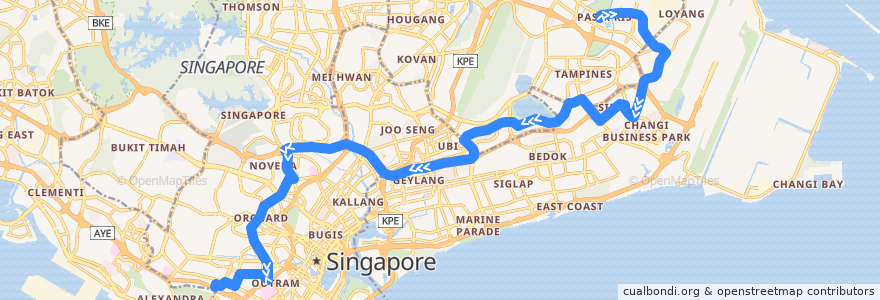 Mapa del recorrido Svc 5 (Pasir Ris Interchange => Bukit Merah Interchange) de la línea  en Singapura.