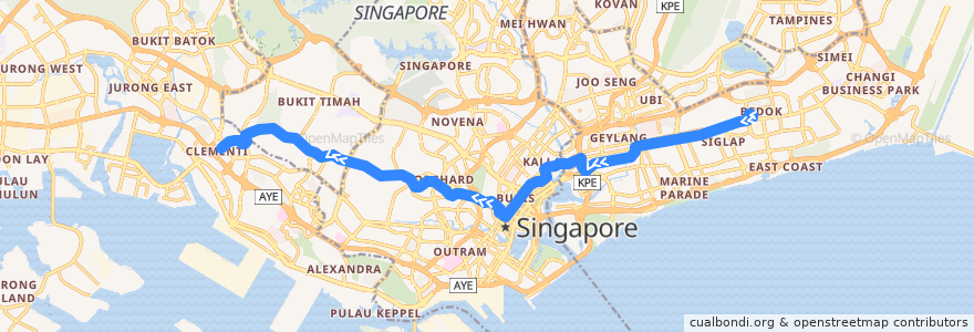 Mapa del recorrido Svc 7 (Bedok Interchange => Clementi Interchange) de la línea  en Singapura.