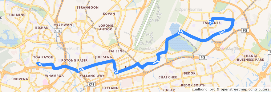 Mapa del recorrido Svc 8 (Tampines Interchange => Toa Payoh Interchange) de la línea  en 싱가포르.