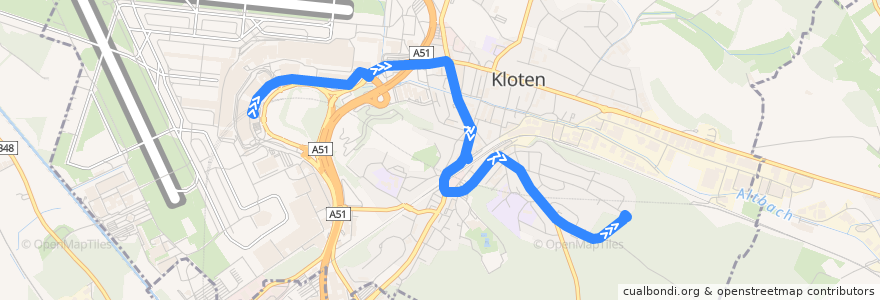 Mapa del recorrido Bus 731: Zürich Flughafen, Bahnhof -> Kloten, Buchhalden de la línea  en Kloten.