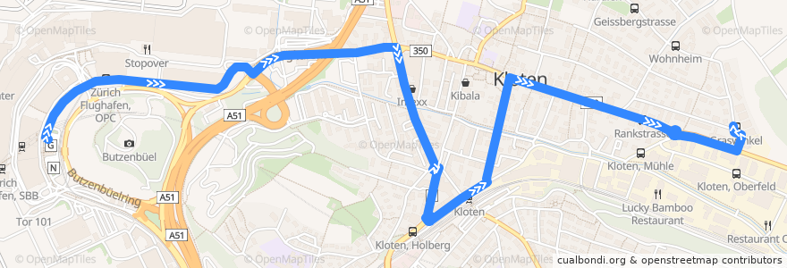 Mapa del recorrido Bus 733: Zürich Flughafen, Bahnhof -> Kloten, Graswinkel de la línea  en Kloten.