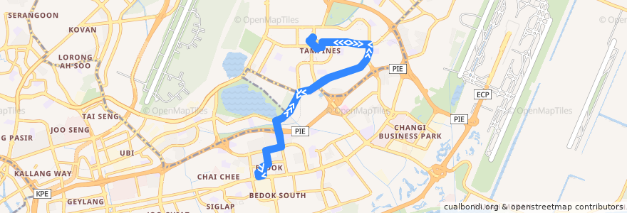 Mapa del recorrido Svc 18 (Tampines Interchange => Tampines Interchange) de la línea  en Singapore.