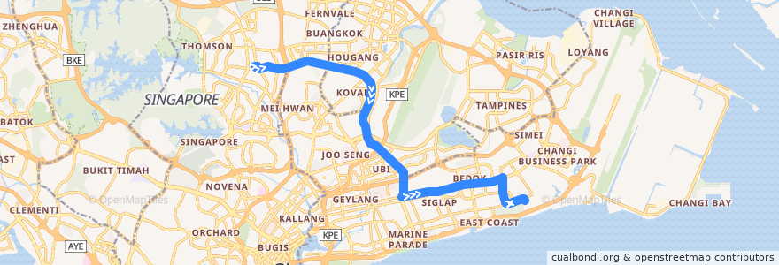 Mapa del recorrido Svc 25 (Ang Mo Kio Interchange => Upper East Coast Terminal) de la línea  en Singapore.