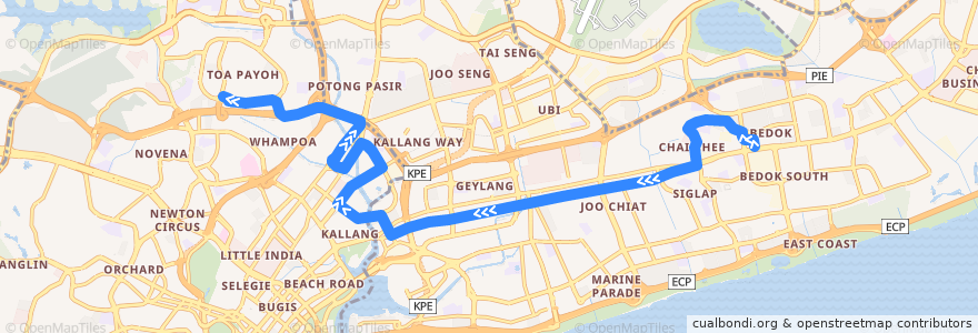 Mapa del recorrido Svc 26 (Bedok Interchange => Toa Payoh Interchange) de la línea  en سنگاپور.