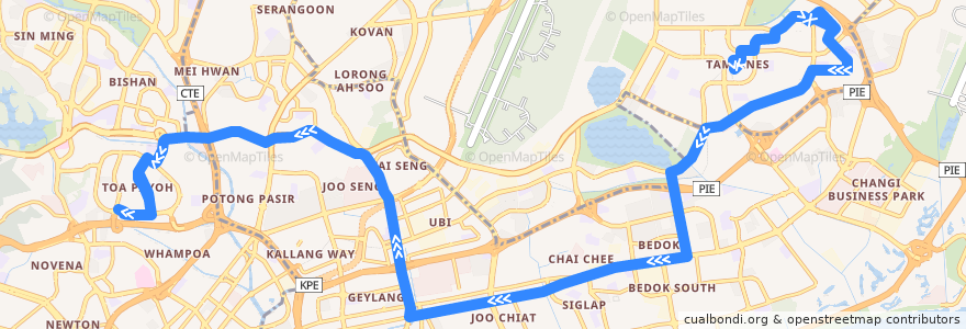 Mapa del recorrido Svc 28 (Tampines Interchange => Toa Payoh Interchange) de la línea  en Singapore.