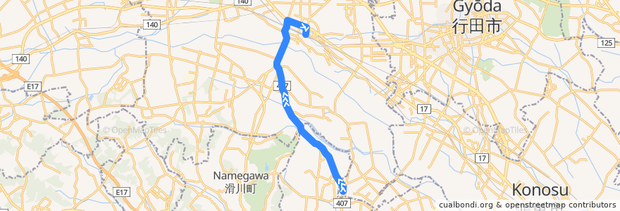 Mapa del recorrido 国際十王バスKM12系統 冑山⇒上岡⇒熊谷駅 de la línea  en Préfecture de Saitama.