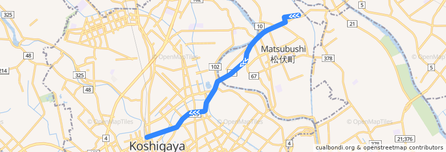 Mapa del recorrido 茨急バス 松伏給食センターほほえみ⇒赤岩入口⇒北越谷駅 de la línea  en 埼玉県.