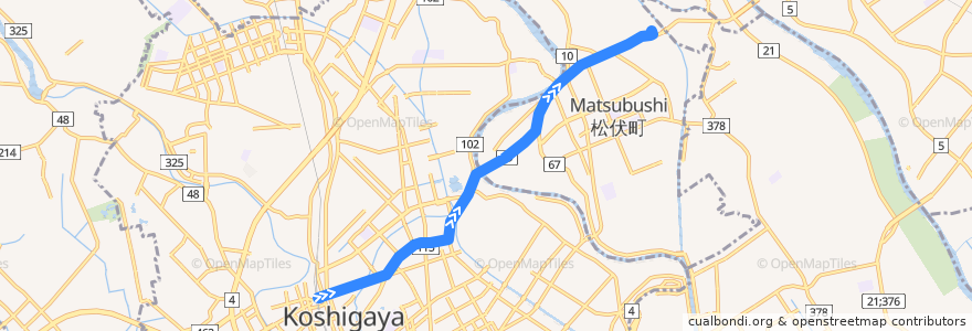 Mapa del recorrido 茨急バス 北越谷駅⇒赤岩入口⇒松伏給食センターほほえみ de la línea  en 埼玉県.