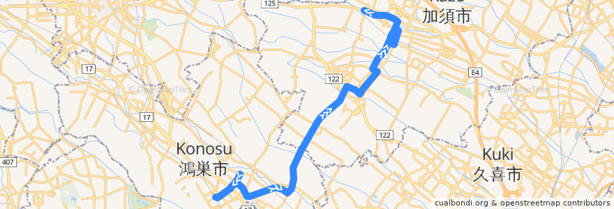 Mapa del recorrido 朝日バスKZ12系統 免許センター・鴻巣駅東口⇒騎西福祉センター⇒加須駅南口・加須車庫 de la línea  en 埼玉県.