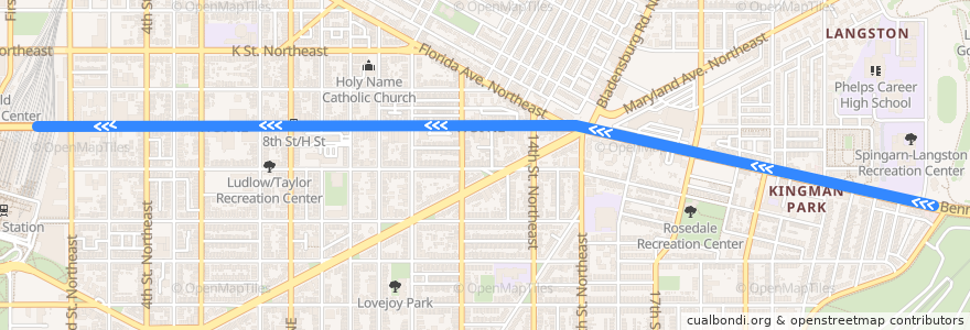 Mapa del recorrido H Street/Benning Road Streetcar: Oklahoma Avenue → Union Station de la línea  en 워싱턴.