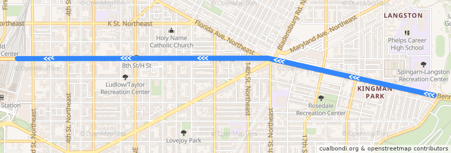 Mapa del recorrido H Street/Benning Road Streetcar: Oklahoma Avenue → Union Station de la línea  en Вашингтон.