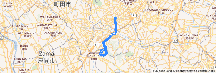 Mapa del recorrido 65系統(若葉台中央→地区公園→青葉台駅) de la línea  en Yokohama.