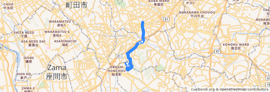 Mapa del recorrido 65系統(若葉台中央→保育園前→青葉台駅) de la línea  en 横浜市.