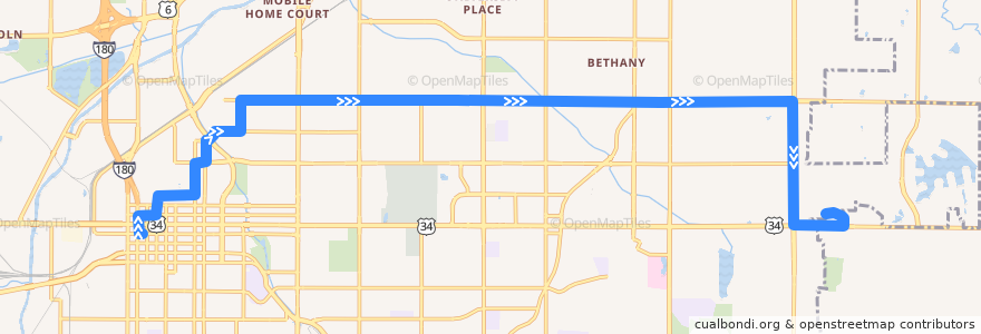 Mapa del recorrido Bus #42 - Bethany - Outbound de la línea  en Lincoln.