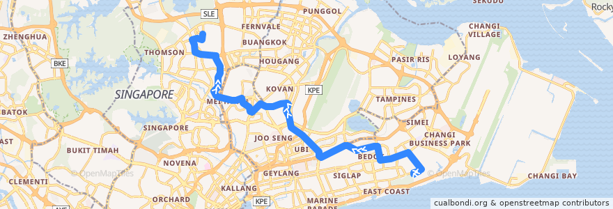 Mapa del recorrido Svc 45 (Upper East Coast Terminal => Ang Mo Kio Depot) de la línea  en سنغافورة.