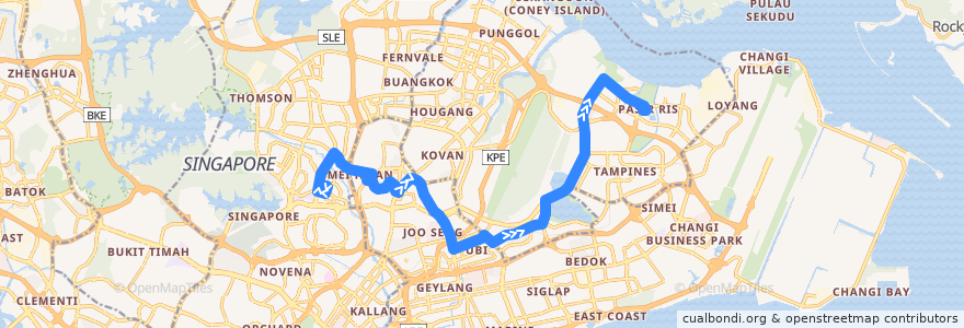Mapa del recorrido Svc 58 (Bishan Interchange => Pasir Ris Interchange) de la línea  en 싱가포르.