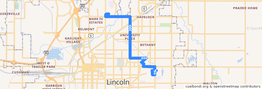 Mapa del recorrido Bus #48 - North 48th - Outbound de la línea  en Lincoln.
