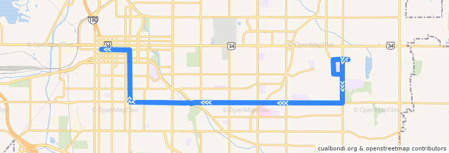 Mapa del recorrido Bus #54 - Vet's Hospital - Inbound de la línea  en Lincoln.