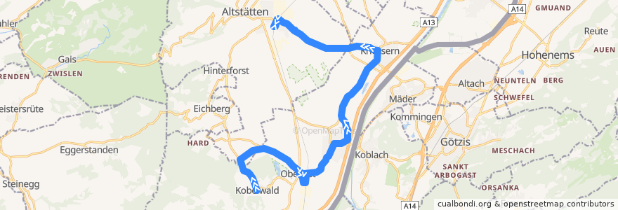 Mapa del recorrido Bus 332: Oberriet SG, Kobelwald => Altstätten SG, Bahnhof de la línea  en Wahlkreis Rheintal.