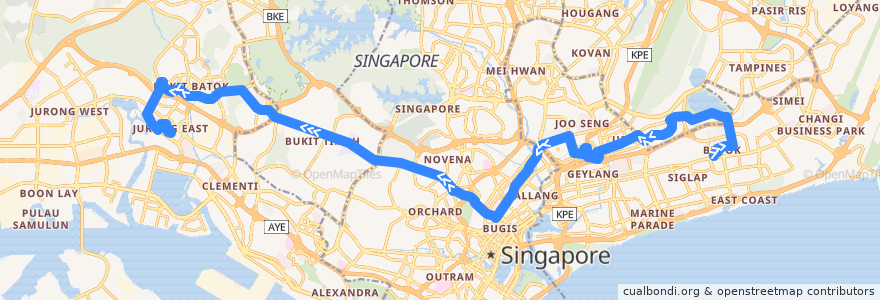 Mapa del recorrido Svc 66 (Bedok Interchange => Jurong East Temporary Interchange) de la línea  en سنگاپور.