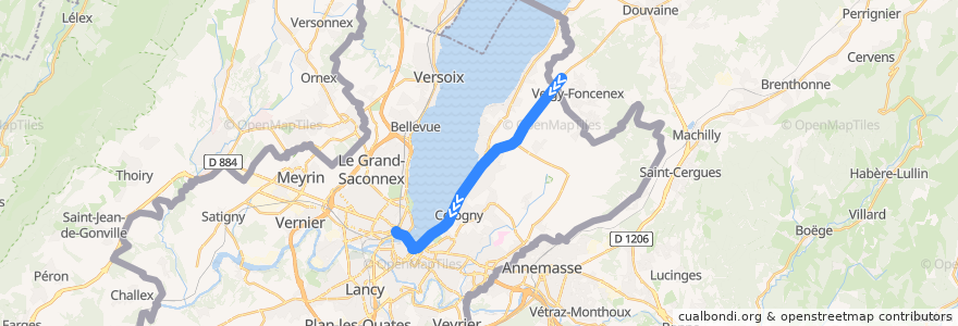 Mapa del recorrido Bus G+: Veigy-Douane → Gare Cornavin de la línea  en 日內瓦.