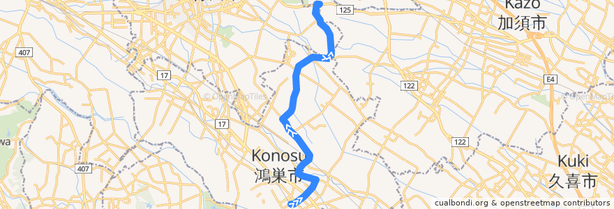 Mapa del recorrido 朝日バスKN22系統 鴻巣駅東口⇒免許センター・新落合橋⇒真名板十字路 de la línea  en 埼玉県.