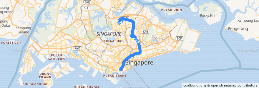 Mapa del recorrido Svc 70 (Yio Chu Kang Interchange => Shenton Way Terminal) de la línea  en 싱가포르.