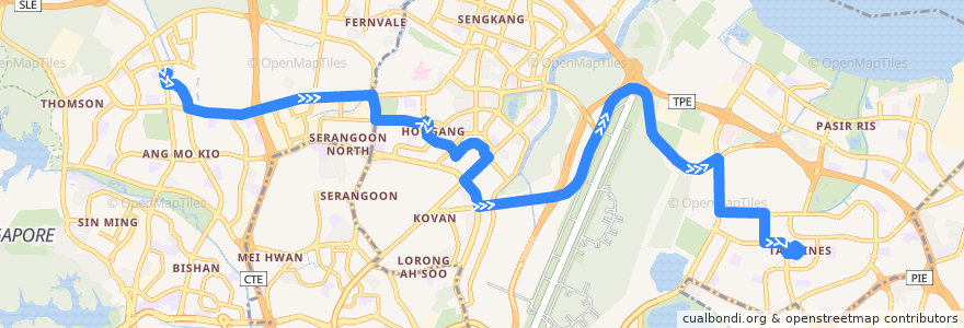 Mapa del recorrido Svc 72 (Yio Chu Kang Interchange => Tampines Interchange) de la línea  en Singapur.