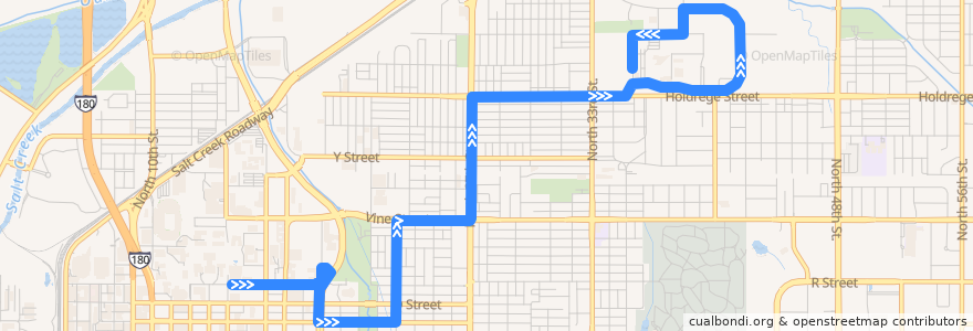 Mapa del recorrido Bus #25 - Vine - Outbound de la línea  en Lincoln.