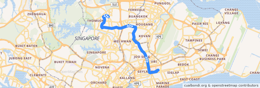 Mapa del recorrido Svc 76 (Yio Chu Kang Interchange => Eunos Interchange) de la línea  en Singapur.
