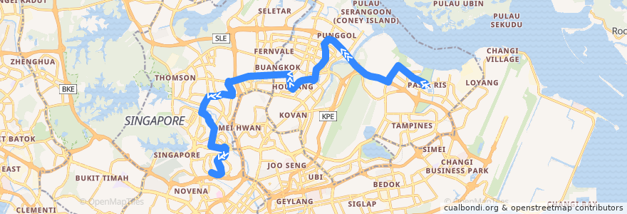 Mapa del recorrido Svc 88 (Pasir Ris Interchange => Toa Payoh Interchange) de la línea  en سنغافورة.
