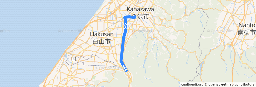 Mapa del recorrido 北陸鉄道石川線 de la línea  en 石川県.