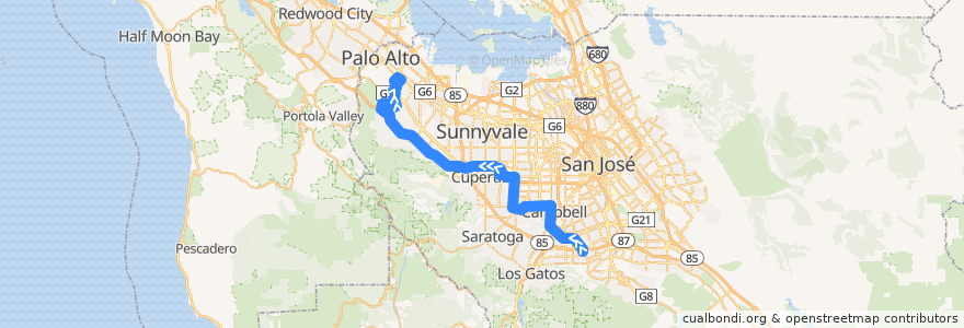 Mapa del recorrido VTA 101: Camden & Highway 85 => Stanford Research Park (mornings) de la línea  en Santa Clara County.
