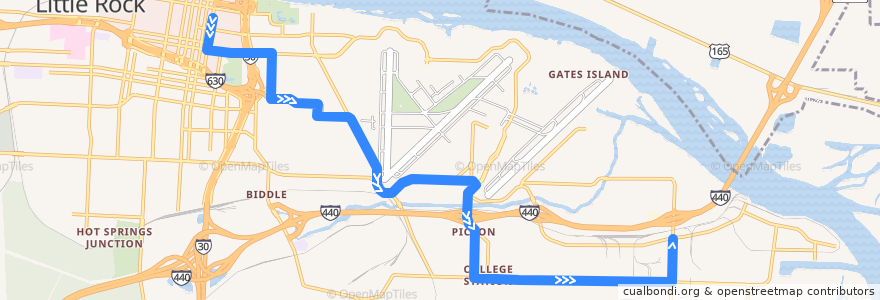 Mapa del recorrido Route 20 - Hanger Hill/College Station - Outbound de la línea  en Pulaski County.