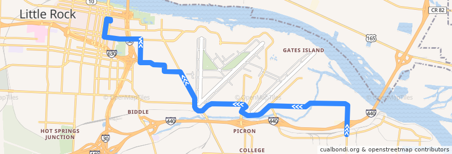 Mapa del recorrido Route 20 - Hanger Hill/College Station - Inbound de la línea  en Little Rock.