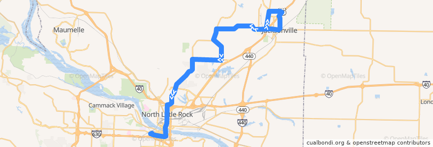 Mapa del recorrido Route 36 - Jacksonville/Sherwood Express - Inbound de la línea  en Pulaski County.