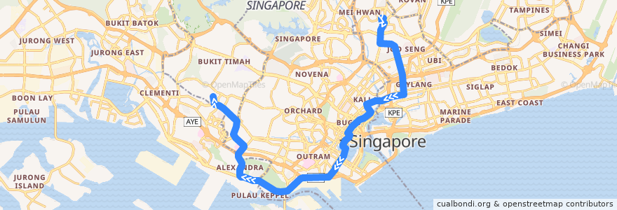 Mapa del recorrido Svc 100 (Serangoon Interchange => Ghim Moh Terminal) de la línea  en Singapour.