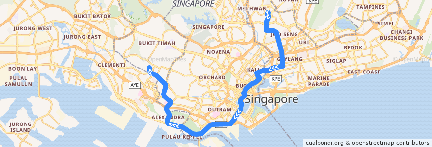 Mapa del recorrido Svc 100 (Serangoon Interchange => Ghim Moh Terminal) de la línea  en Singapore.
