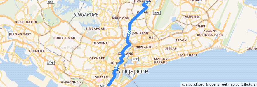 Mapa del recorrido Svc 107 (Hougang Central Interchange => Shenton Way Terminal) de la línea  en 싱가포르.