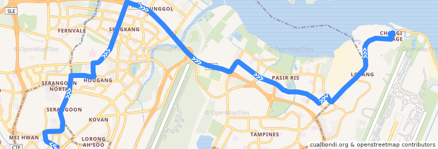 Mapa del recorrido Svc 109 (Serangoon Interchange => Changi Village Terminal) de la línea  en Singapore.