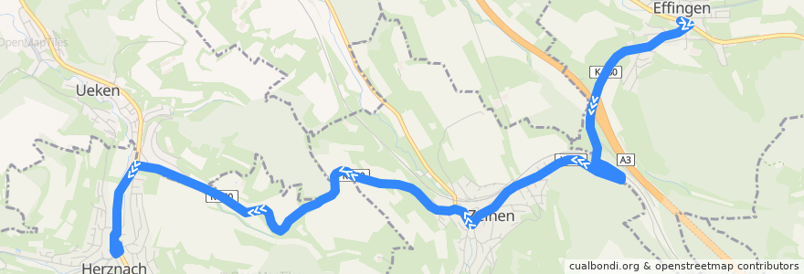 Mapa del recorrido Bus 139: Effingen, Dorf => Herznach, Post de la línea  en Bezirk Laufenburg.