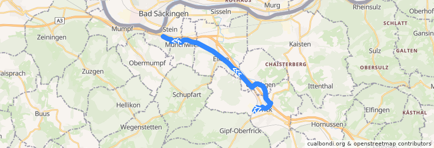 Mapa del recorrido Bus 134: Frick => Stein-Säckingen de la línea  en Bezirk Laufenburg.