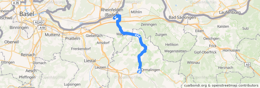 Mapa del recorrido Bus 100: Gelterkinden, Bahnhof => Rheinfelden, Bahnhof de la línea  en Svizzera.