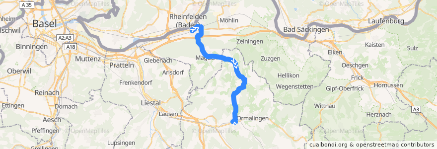 Mapa del recorrido Bus 100: Rheinfelden, Bahnhof => Gelterkinden, Bahnhof de la línea  en سوئیس.