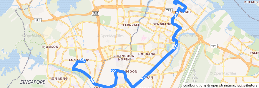 Mapa del recorrido Svc 136 (Ang Mo Kio Interchange => Punggol Temporary Interchange) de la línea  en 싱가포르.