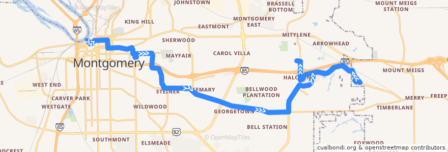 Mapa del recorrido Route 1 AUM Eastchase - Outbound de la línea  en Montgomery.